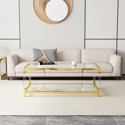 Modern Acrylic Leg Coffee Table, Double Layer Tempered Glass Top with Golden Metal Frame, 47.2x23.6x17.7 Inch Living Room Furniture image 1