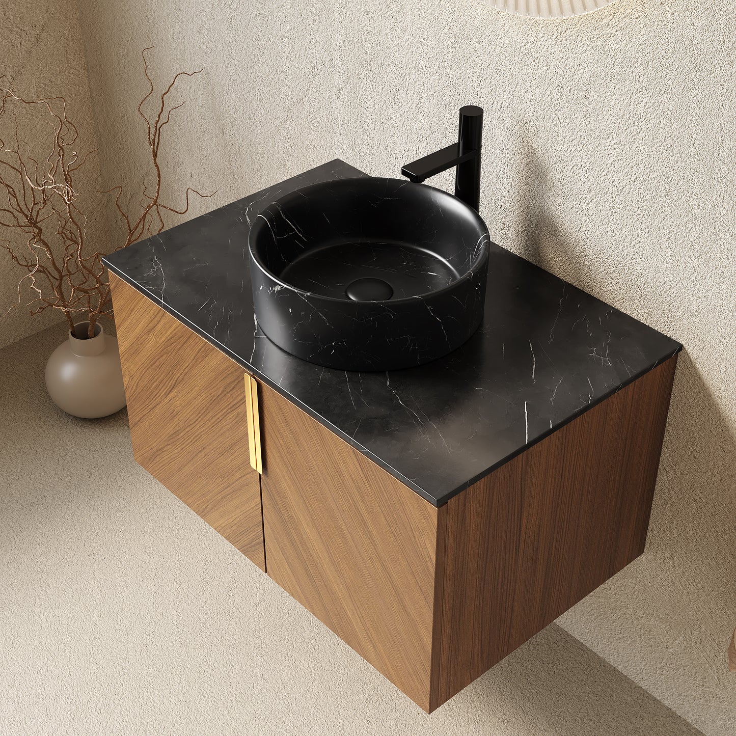 ARAI 30" Bathroom Vanity&Sink, Wall-Mounted Plywood Bathroom Storage Cabinet with Double Doors, Black Sintered Stone Countertop&Black Round Ceramic Basin with Stone Pattern, Brown Oak Woodgrain Color image 2