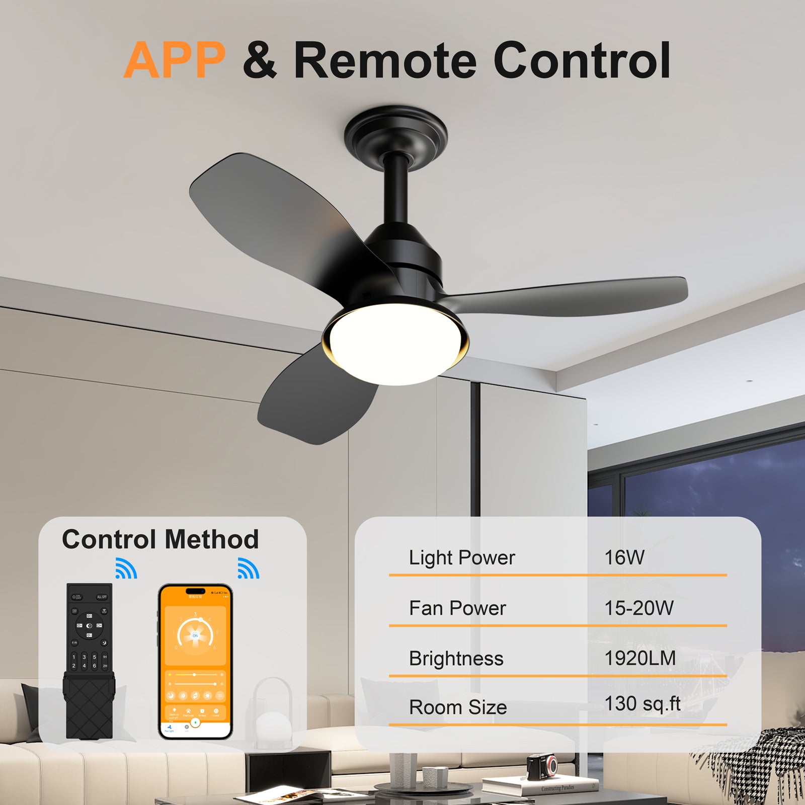 24.4" Black Ceiling Fan with Light, 3 Blades, 6-Speed Reversible Quiet DC Motor, Dimmable LED, APP & Remote Control, Flush Mount for Bedroom Living Room Covered Patio image 4