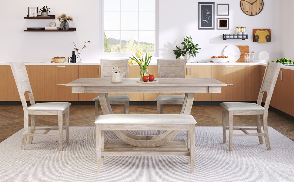 TOPMAX 6-Piece Wood Half Round Dining Table Set Kitchen Table Set with Long Bench and 4 Dining Chairs, Modern Style, Seadrift image 6