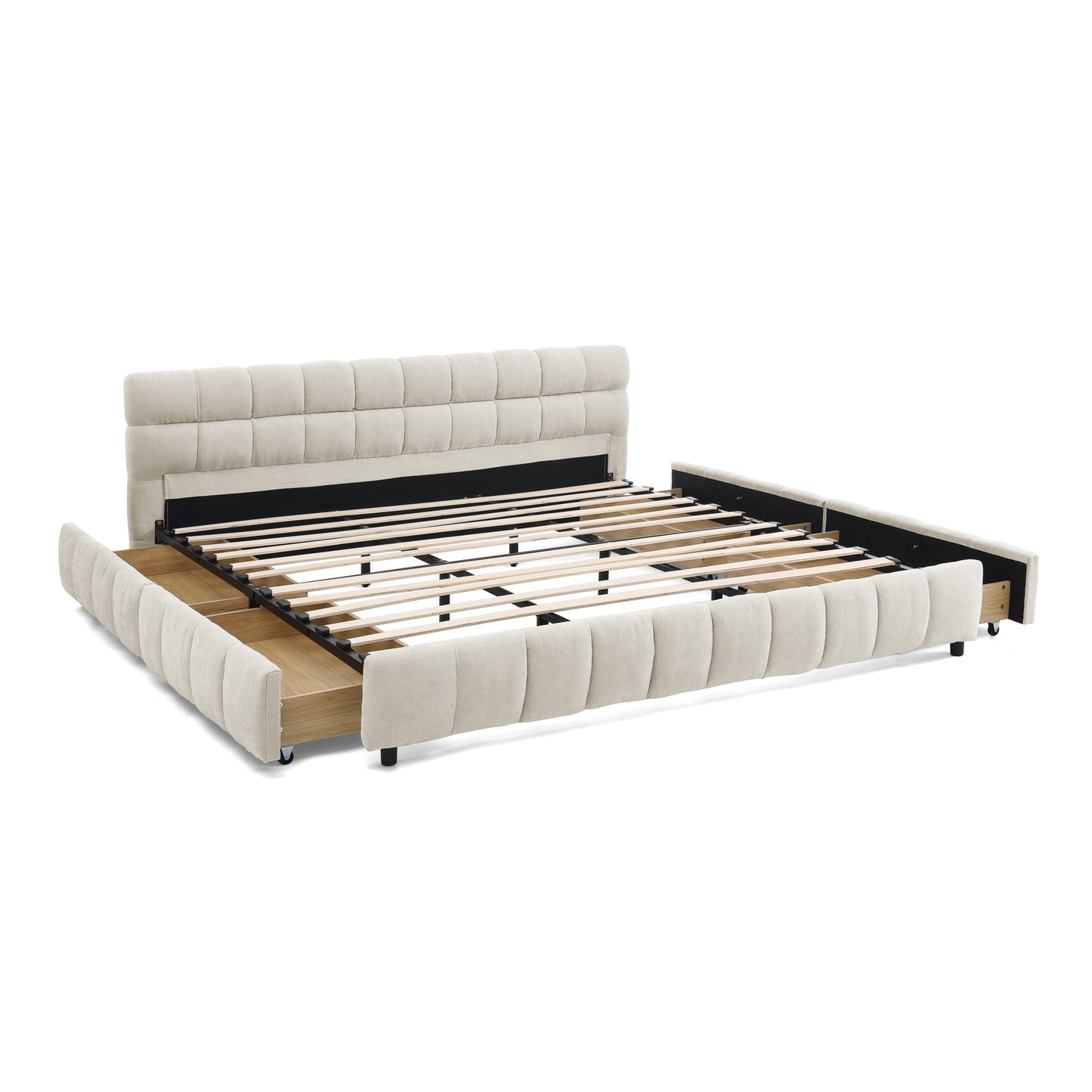 King Size Upholstered Bed,comfortable upholstered bed frame, Chenille fabric, with headboard and solid bed frame. With drawer for storage.-Beige(88.5''*85.5''*31'') image 12