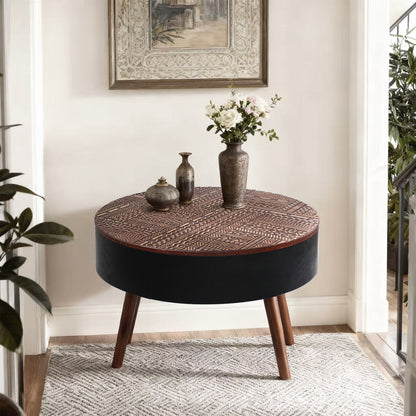 31.5" Round Carved Coffee Table with Storage Space, Mid-Century Modern Wooden Tea Table for Living Room, Apartment, Office,Brown+ Black. image 8