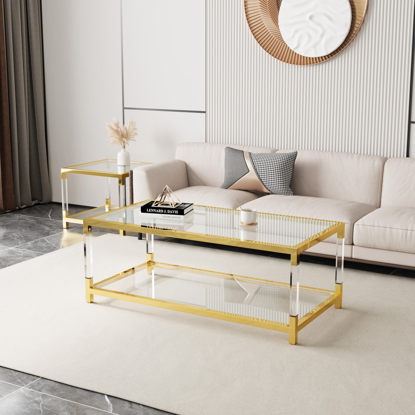 Modern Acrylic Leg Coffee Table, Double Layer Tempered Glass Top with Golden Metal Frame, 47.2x23.6x17.7 Inch Living Room Furniture image 2