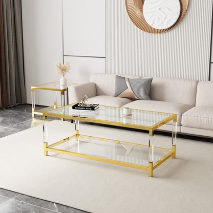 Modern Acrylic Leg Coffee Table, Double Layer Tempered Glass Top with Golden Metal Frame, 47.2x23.6x17.7 Inch Living Room Furniture image 2