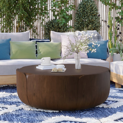 35.63" Round Outdoor Indoor Coffee Table, Modern Wood Grain Drum Center Table, Sturdy MGO (Magnesium Oxide) Waterproof, No-Assembly Table for Patio, Garden, Backyard, Living Room (Brown) image 4