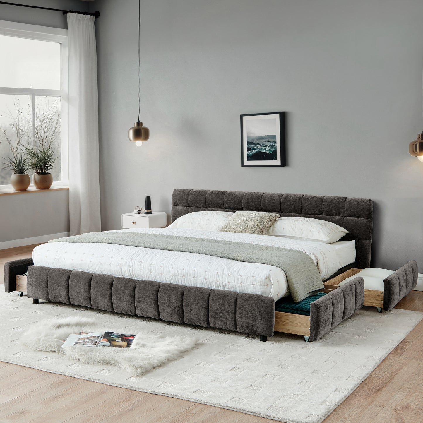 California King size Upholstered Bed,comfortable upholstered bed frame, Chenille fabric, with headboard and solid bed frame. With drawer for storage.-Dark Gray(90.5''*80.5''*31'') image 3
