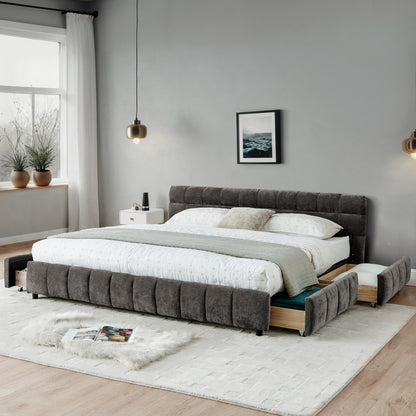 California King size Upholstered Bed,comfortable upholstered bed frame, Chenille fabric, with headboard and solid bed frame. With drawer for storage.-Dark Gray(90.5''*80.5''*31'') image 3