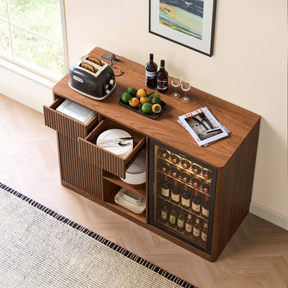 51" Fluted Bar Cabinet with Fridge Space (Fridge Not Included), Modern Coffee Station with Charging Hub & Wine Glass Rack, Walnut Buffet Sideboard for Home Beverage & Liquor Storage. image 6