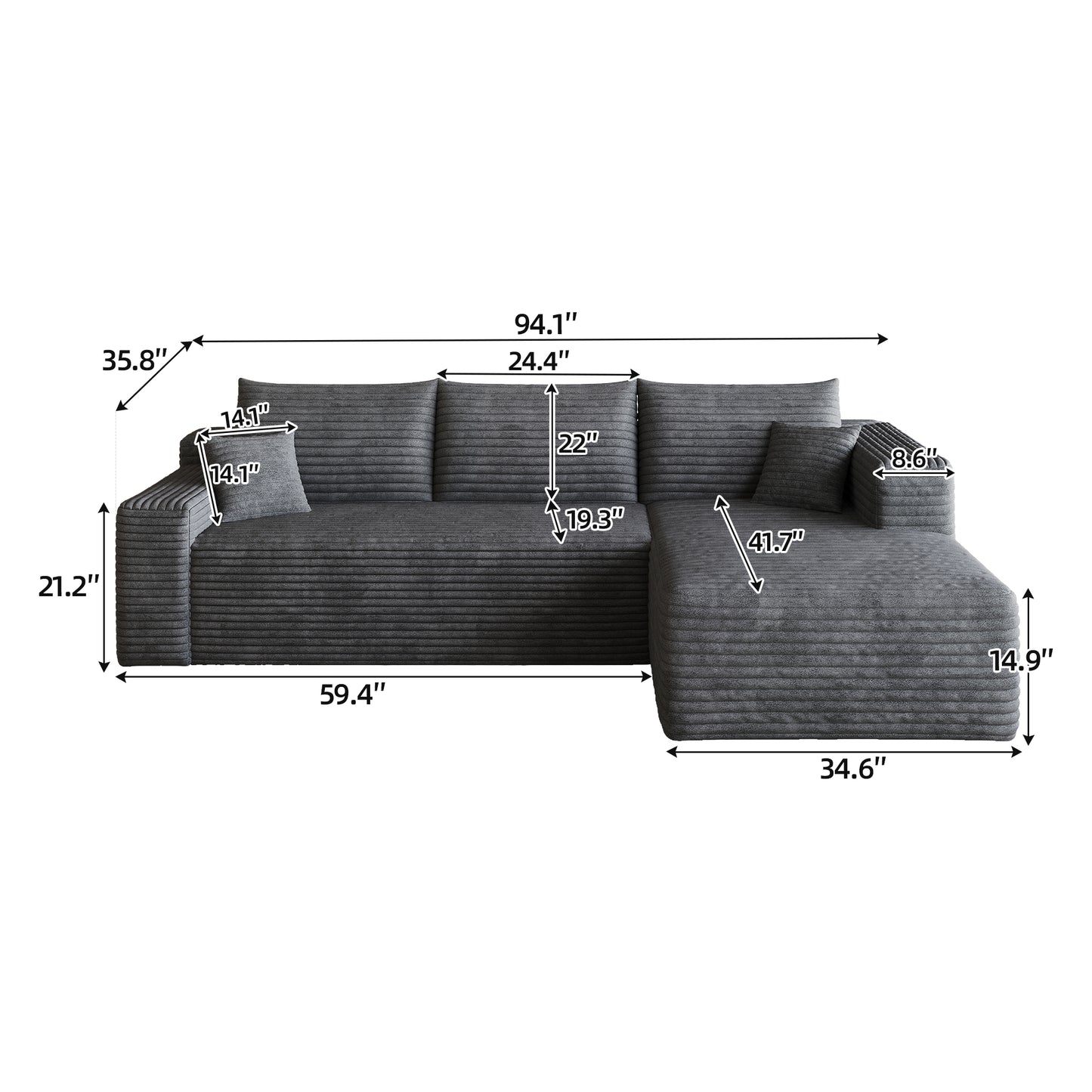 95" Cloud Sectional Sofa,Modern Minimalist Upholstered Couches, Comfort U Shaped Sofa for Living Room,Deep Seat Corner Couch,No Assembly Required,Dark Grey((Plush Corduroy Fabric) image 8