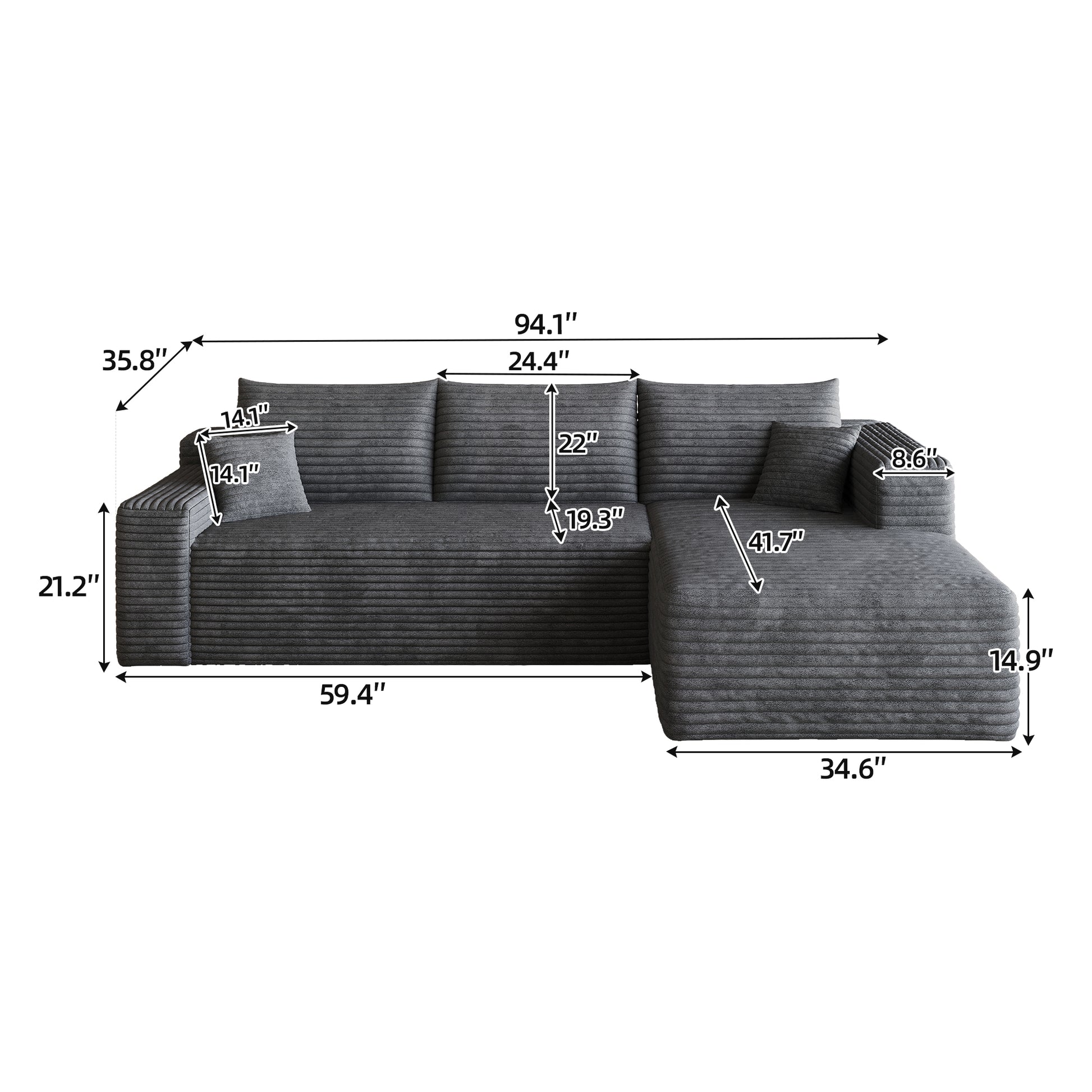 95" Cloud Sectional Sofa,Modern Minimalist Upholstered Couches, Comfort U Shaped Sofa for Living Room,Deep Seat Corner Couch,No Assembly Required,Dark Grey((Plush Corduroy Fabric) image 8