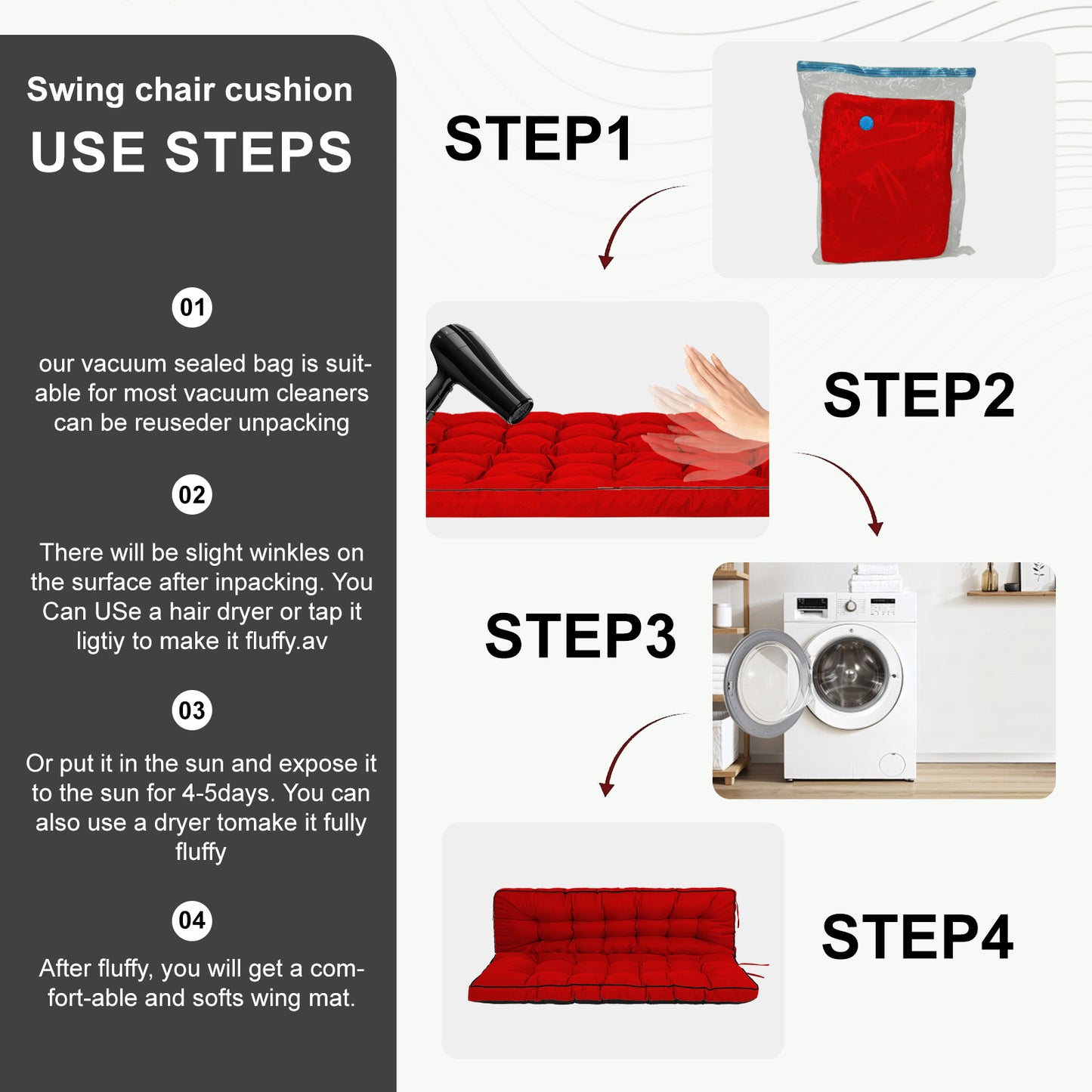 3 Seater Outdoor Porch Swing Cushion with Backrest, 4 Inch Extra Thick Waterproof Swing Replacement Cushion, 2-3 Seat Thicken Patio Bench Cushion for Garden Backyard Outdoor Furniture (red) image 4
