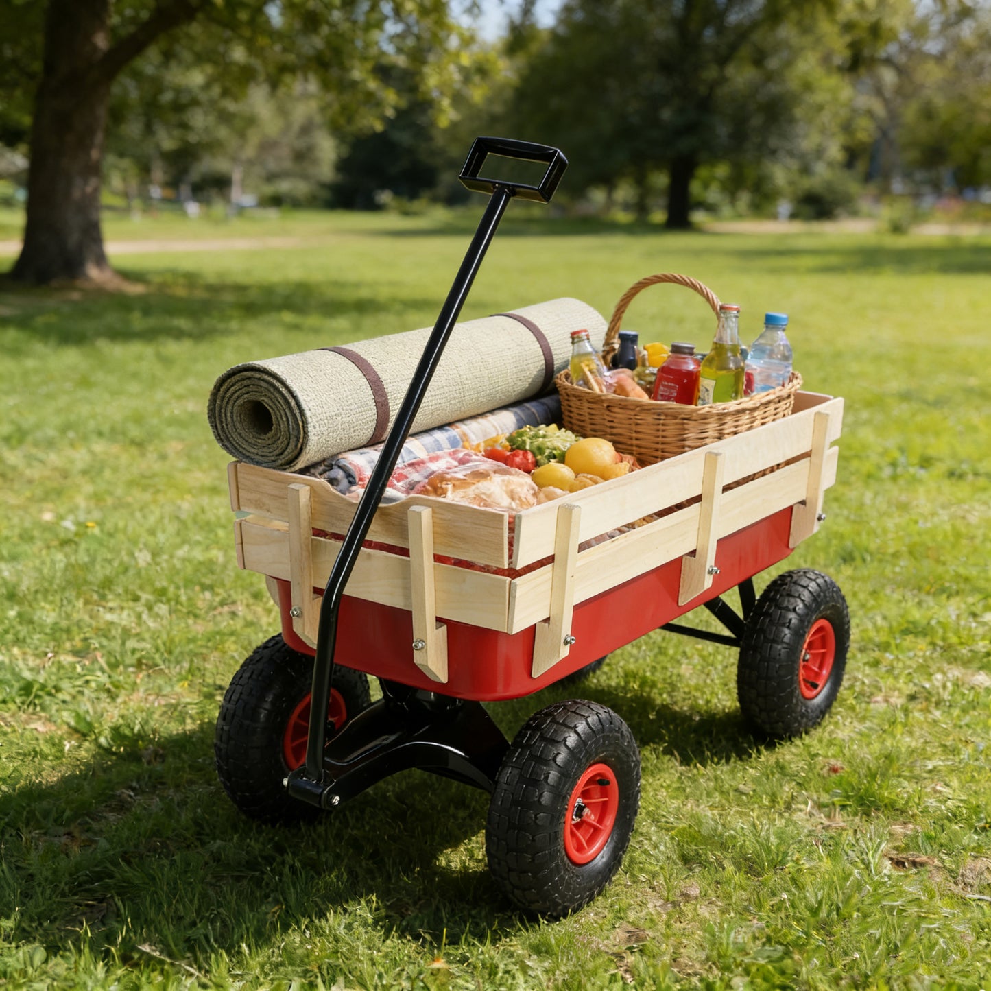 outdoor sport wagon tools cart wooden side panels air tires Wagon (red) image 4