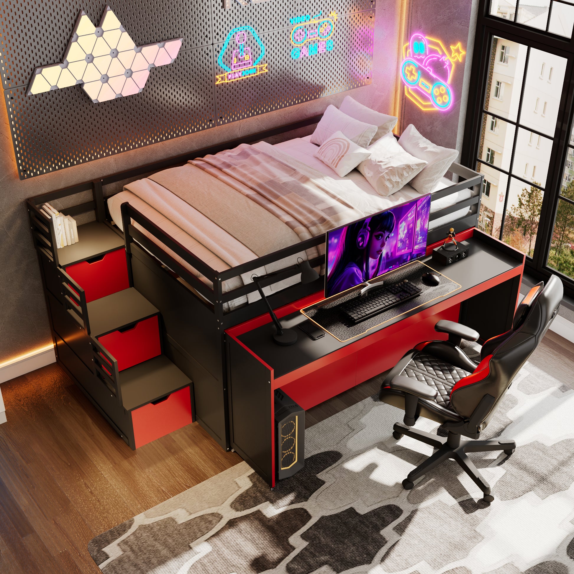Full XL Loft Bed with Pull-Out Desk and Twin Trundle, Multi-Functional Bunk Bed with 2 Storage Drawers and Storage Steps, Space-Saving Gaming & Workstation Bedframe, Black+Red image 6