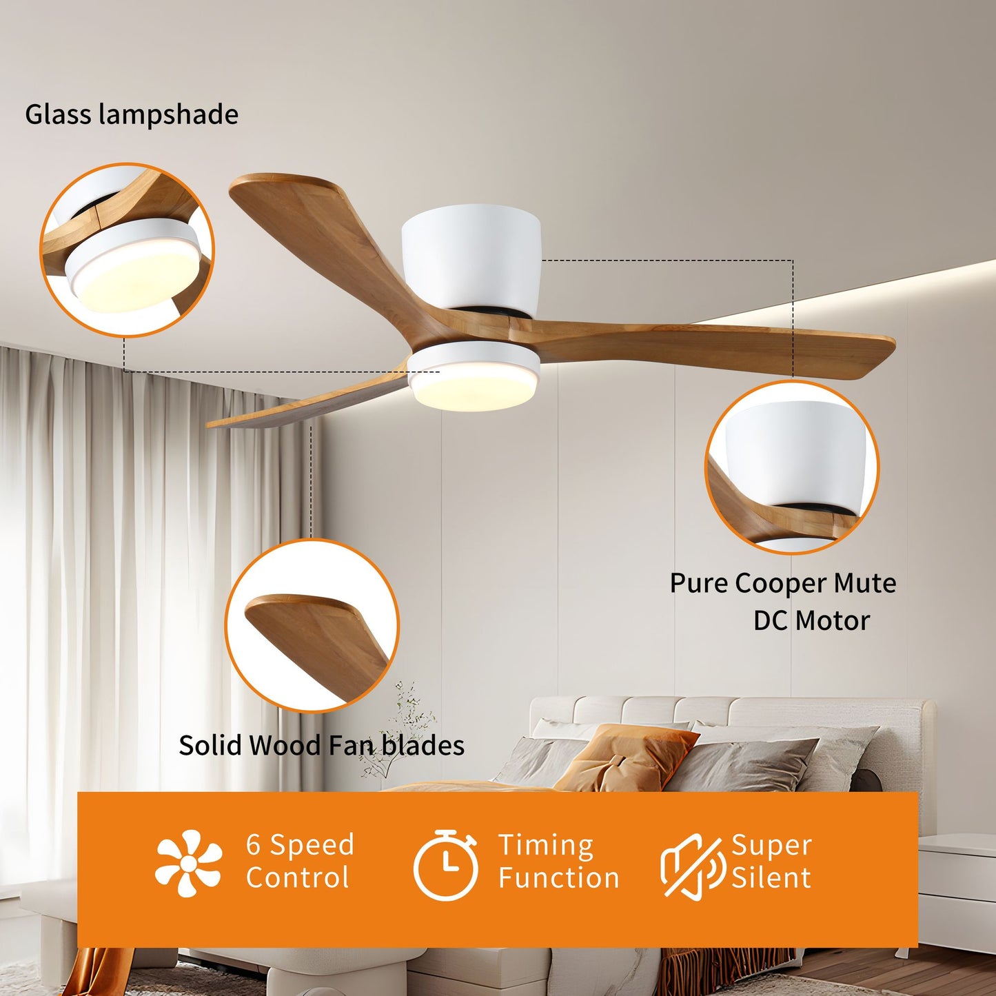 42 inch Wood Ceiling Fans with Lights and Remote, Modern Flush Mount Low Profile Ceiling Fan with Light, 6 Speed, Revers image 6