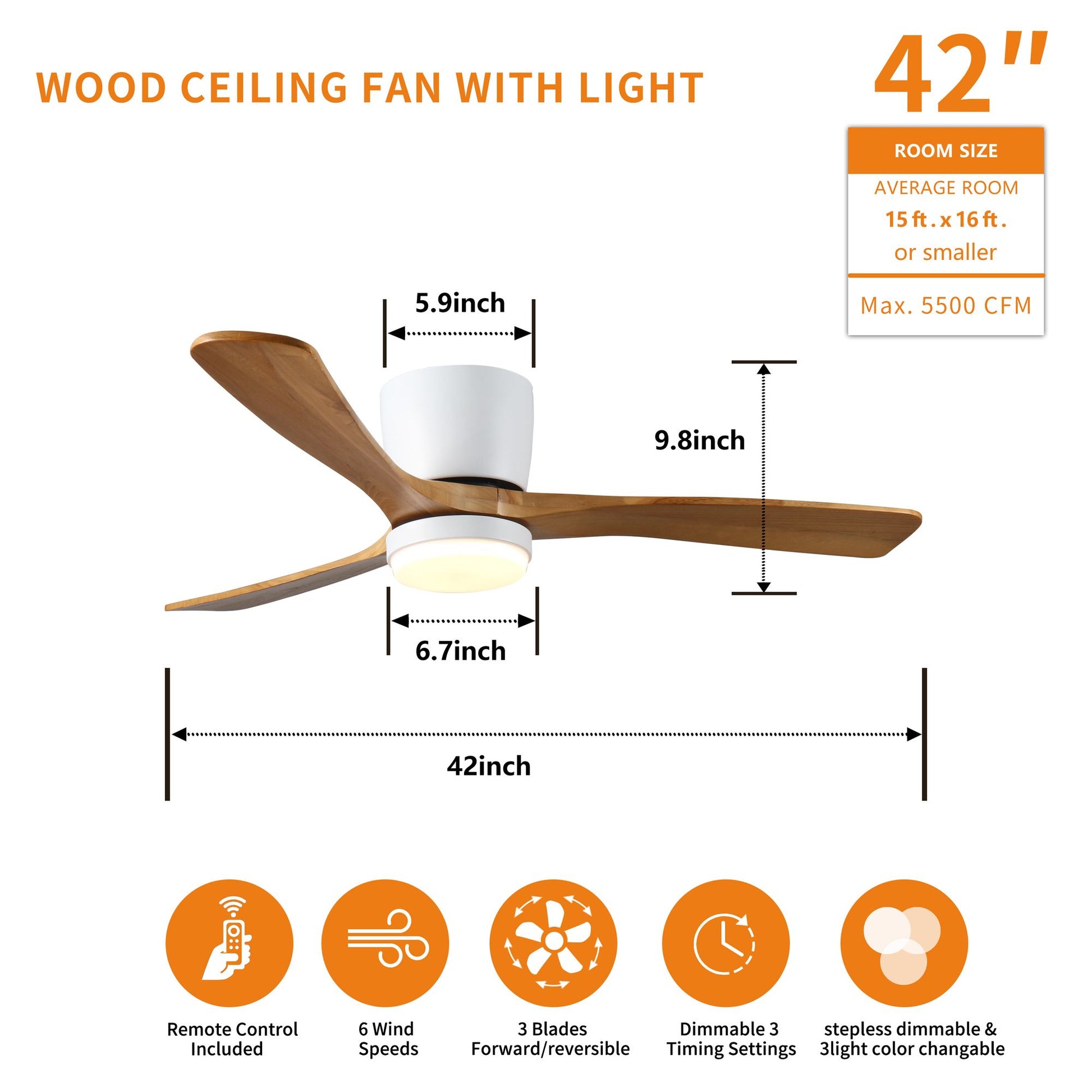 42 inch Wood Ceiling Fans with Lights and Remote, Modern Flush Mount Low Profile Ceiling Fan with Light, 6 Speed, Revers image 4