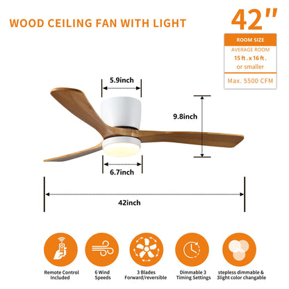 42 inch Wood Ceiling Fans with Lights and Remote, Modern Flush Mount Low Profile Ceiling Fan with Light, 6 Speed, Revers image 4