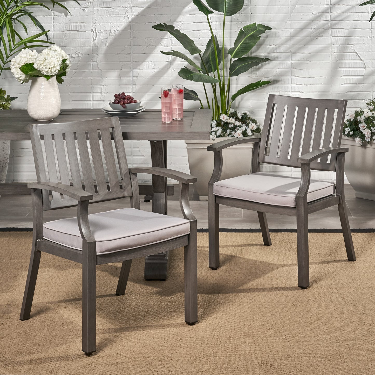 Outdoor Modern Aluminum Dining Chair with Cushion (Set of 2), Dark Gray and Silver image 2