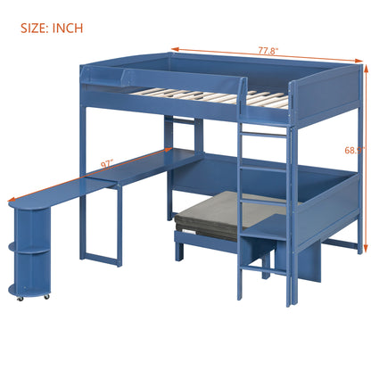 Full Size Wood Loft Bed with Desk, Bedside Storage Shelf, Sofa and Light, Navy Blue image 11