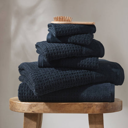 6 Pieces Combed Cotton Waffle Jacquard Bath Towel Set,Navy image 1