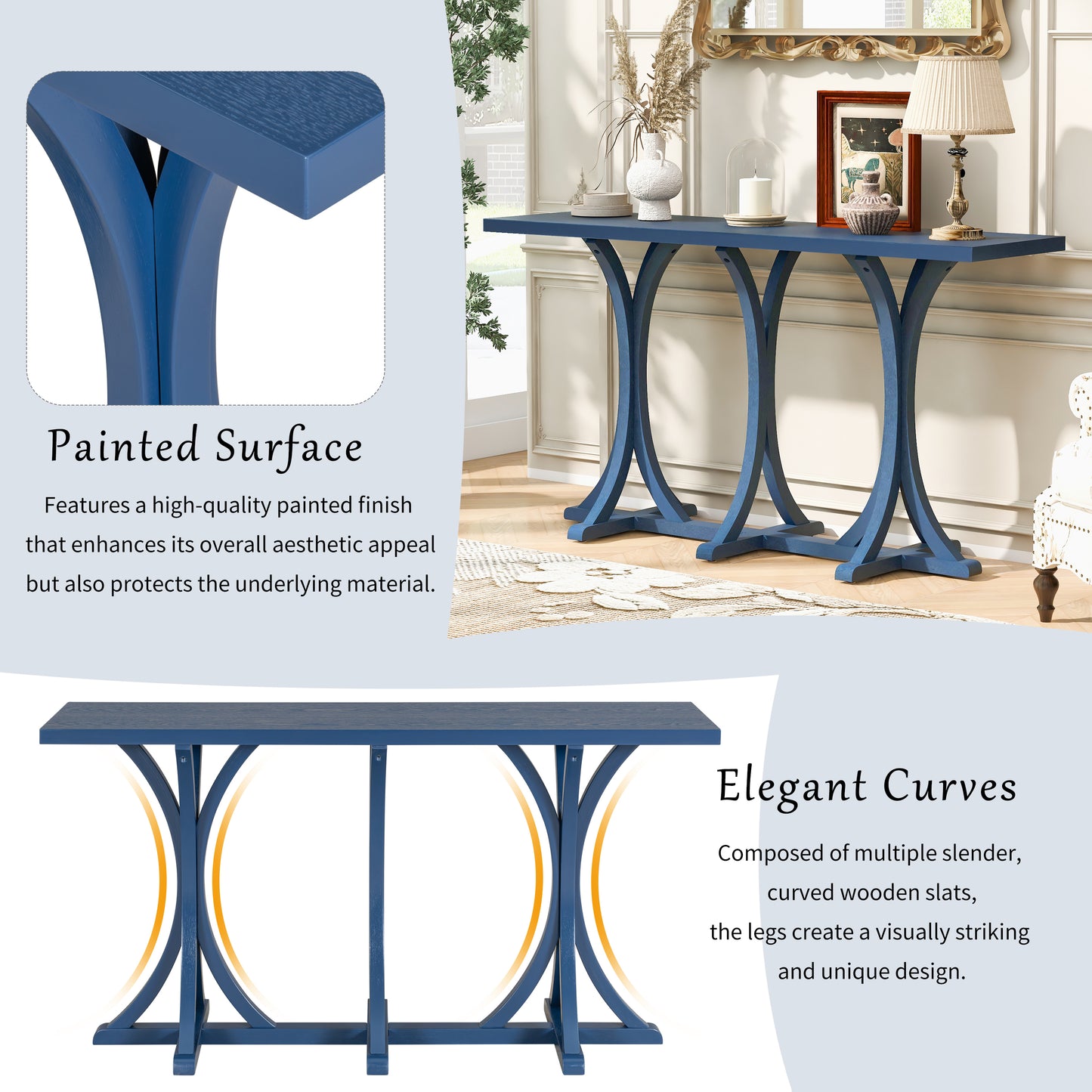 U-Style 59.8'' Wooden Console Table with Oak Veneer Top,Farmhouse Entryway Table with Rubber Wood Slender Curved Legs,Perfect for Living Room,Entryway,Hallway, Dining Spaces. image 7