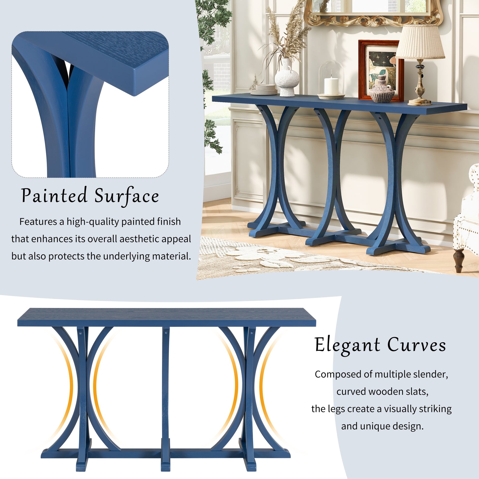 U-Style 59.8'' Wooden Console Table with Oak Veneer Top,Farmhouse Entryway Table with Rubber Wood Slender Curved Legs,Perfect for Living Room,Entryway,Hallway, Dining Spaces. image 7