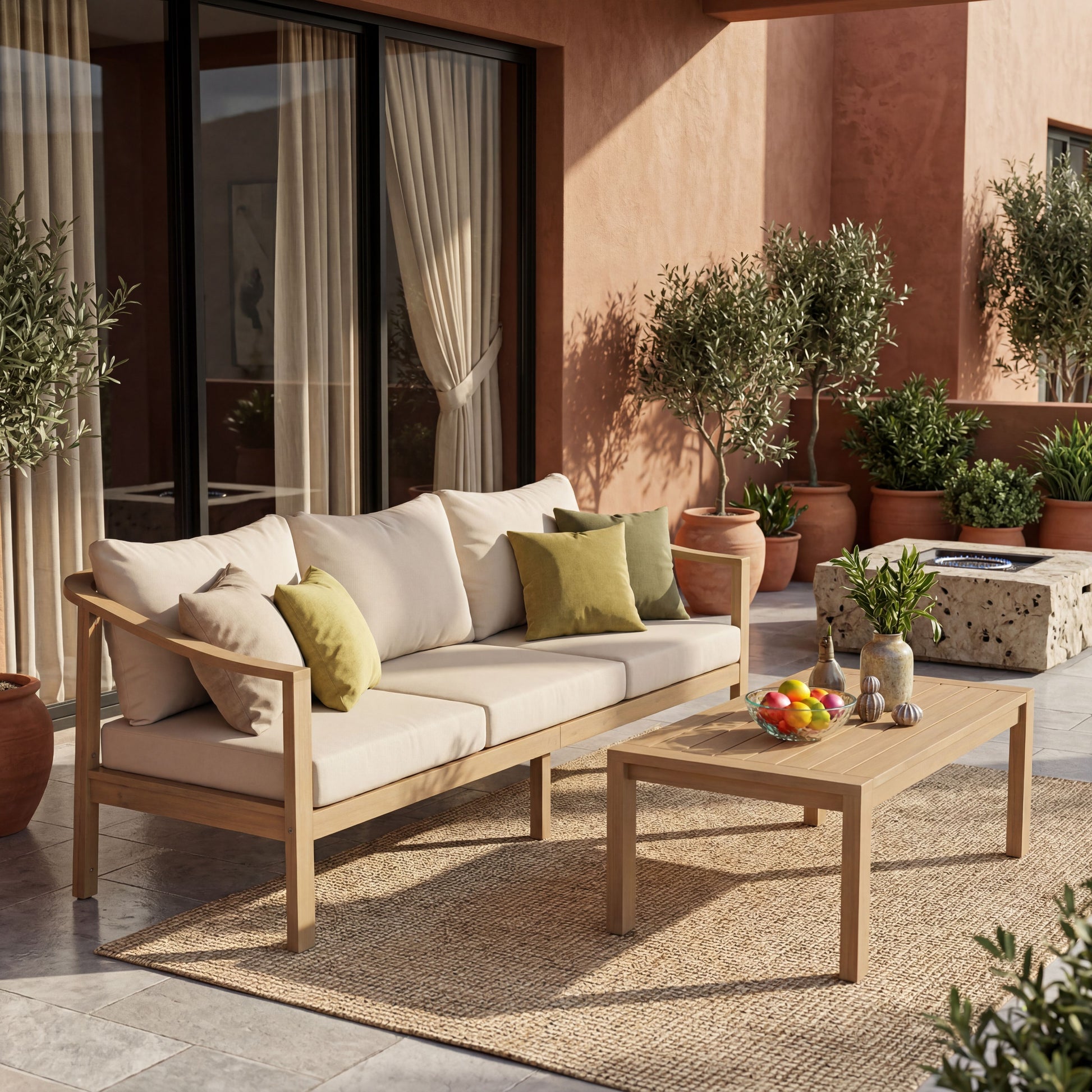 77.95" outdoor acacia wood frame, 26.38" deep seat design with soft cushion, three-seater sofa,slatted wood backrest,suitable for porches,gardens,backyards,and balconie (Light Teak+Beige Cushion) image 2