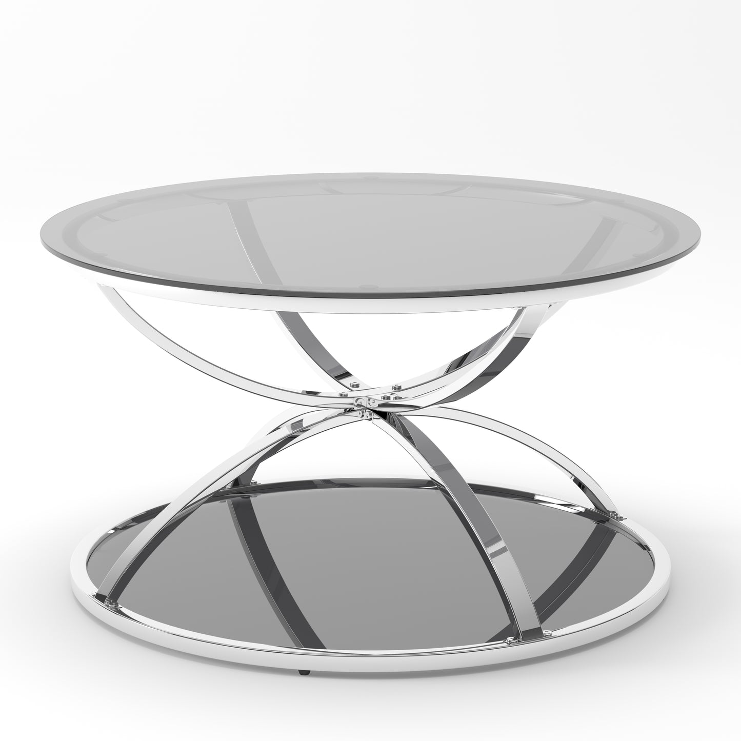 31.50'' Modern Glass Coffee Table with 2 Tiers, Ring-Shaped Frames, Chrome Finish and Gray Tempered Glass, Round Coffee Table for Living Room, Bedroom and Office, Silver image 5