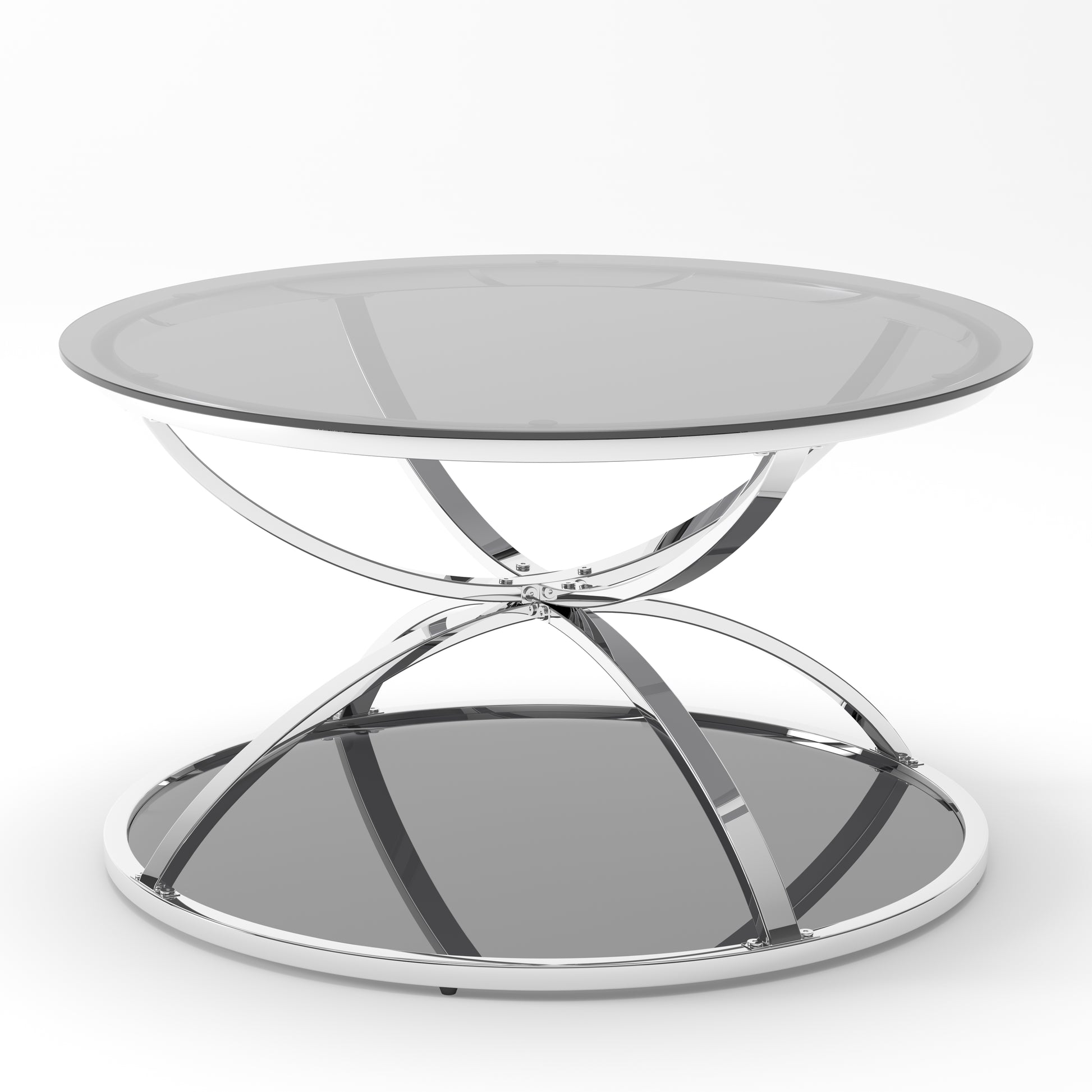31.50'' Modern Glass Coffee Table with 2 Tiers, Ring-Shaped Frames, Chrome Finish and Gray Tempered Glass, Round Coffee Table for Living Room, Bedroom and Office, Silver image 5