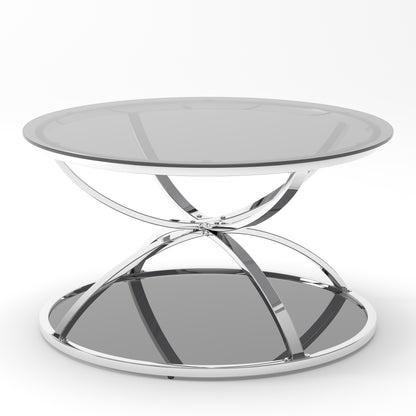 31.50'' Modern Glass Coffee Table with 2 Tiers, Ring-Shaped Frames, Chrome Finish and Gray Tempered Glass, Round Coffee Table for Living Room, Bedroom and Office, Silver image 5