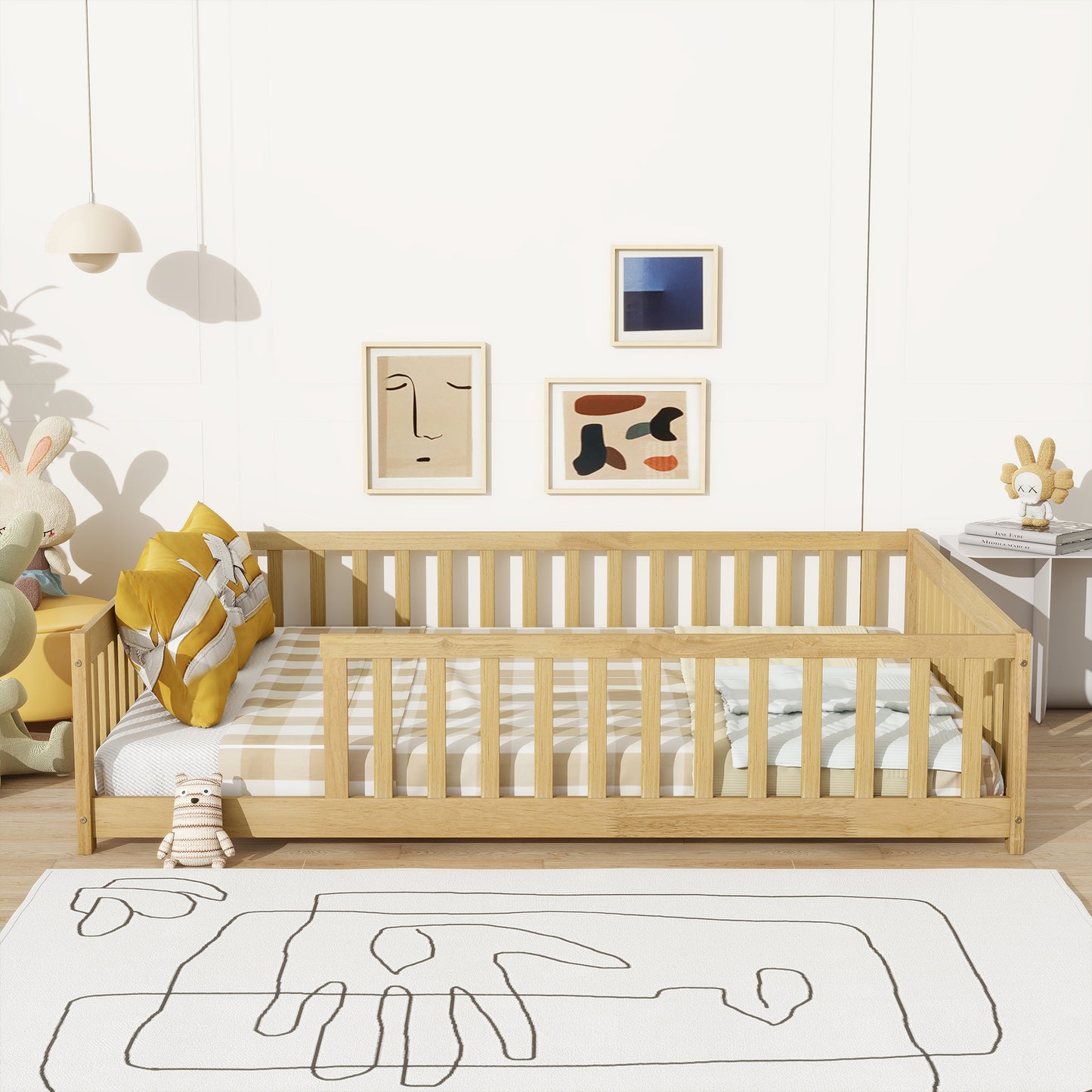 Full Size Floor Bed with Fence without Door,Rubber Wood Floor Bed with Safety Guardrails,Natural image 1