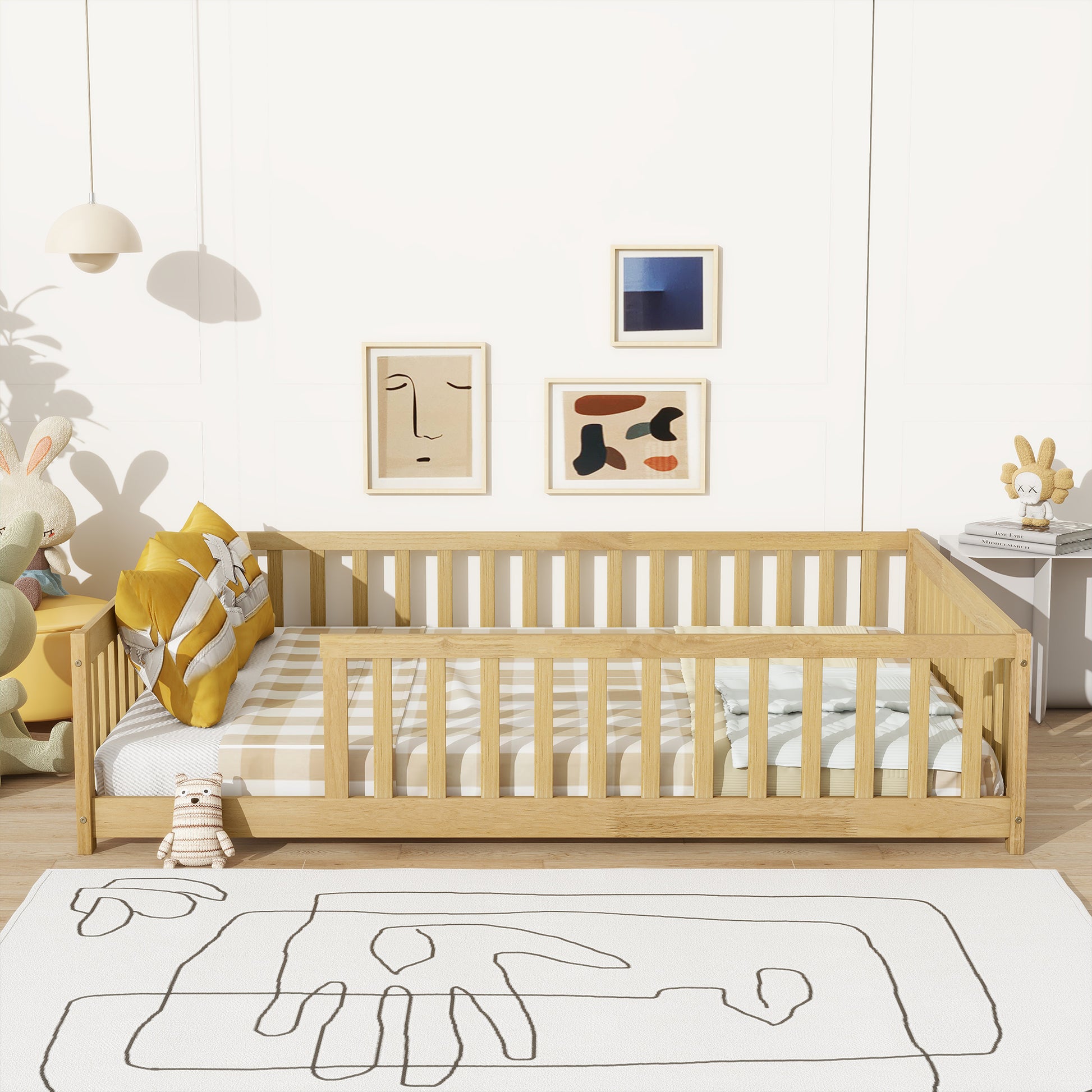 Full Size Floor Bed with Fence without Door,Rubber Wood Floor Bed with Safety Guardrails,Natural image 1