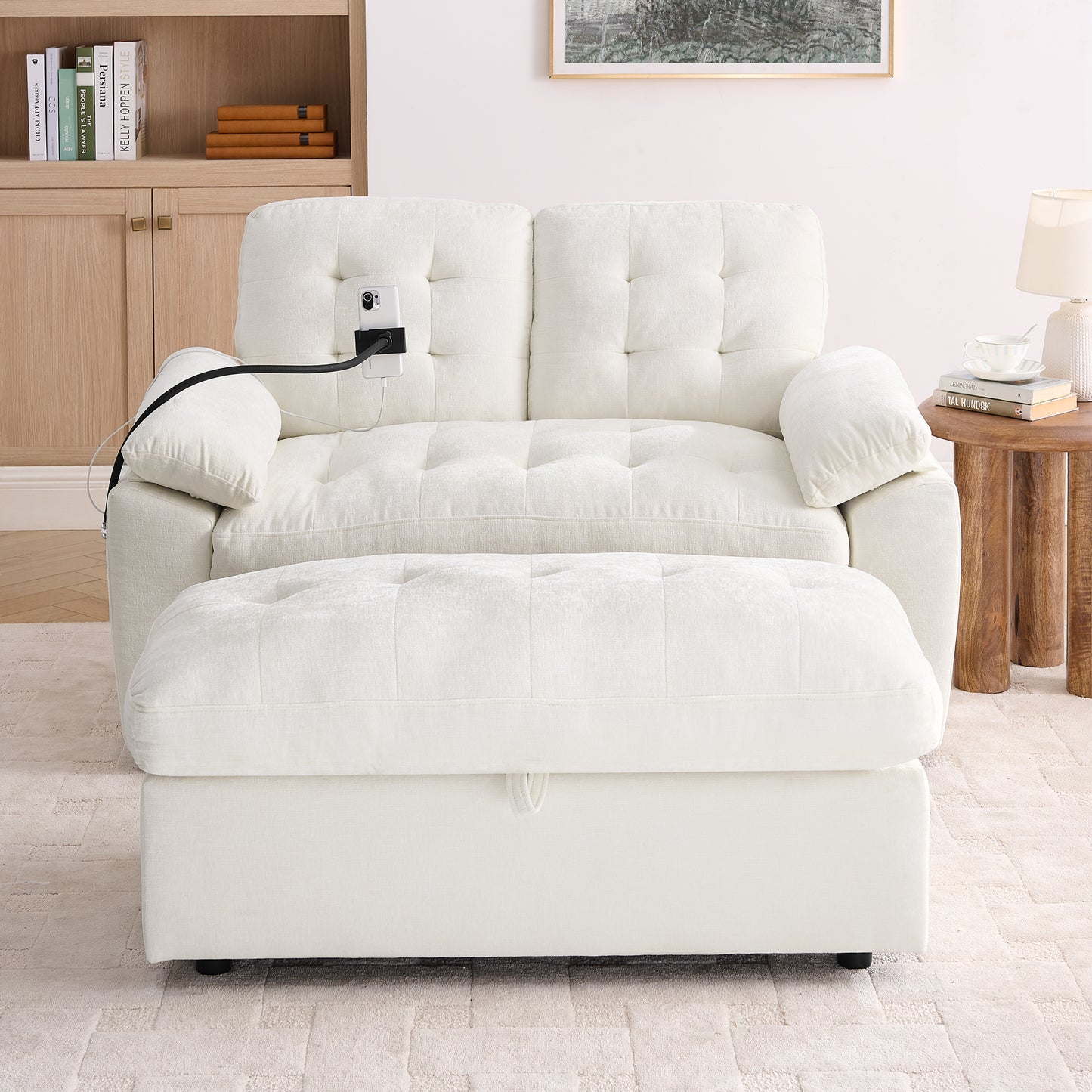 Leisure sofa chair,Double sofa recliner, with manually adjustable backrest, soft padded armrests, side USB charging port and phone stand, comes with a matching storage ottoman-Beige image 5