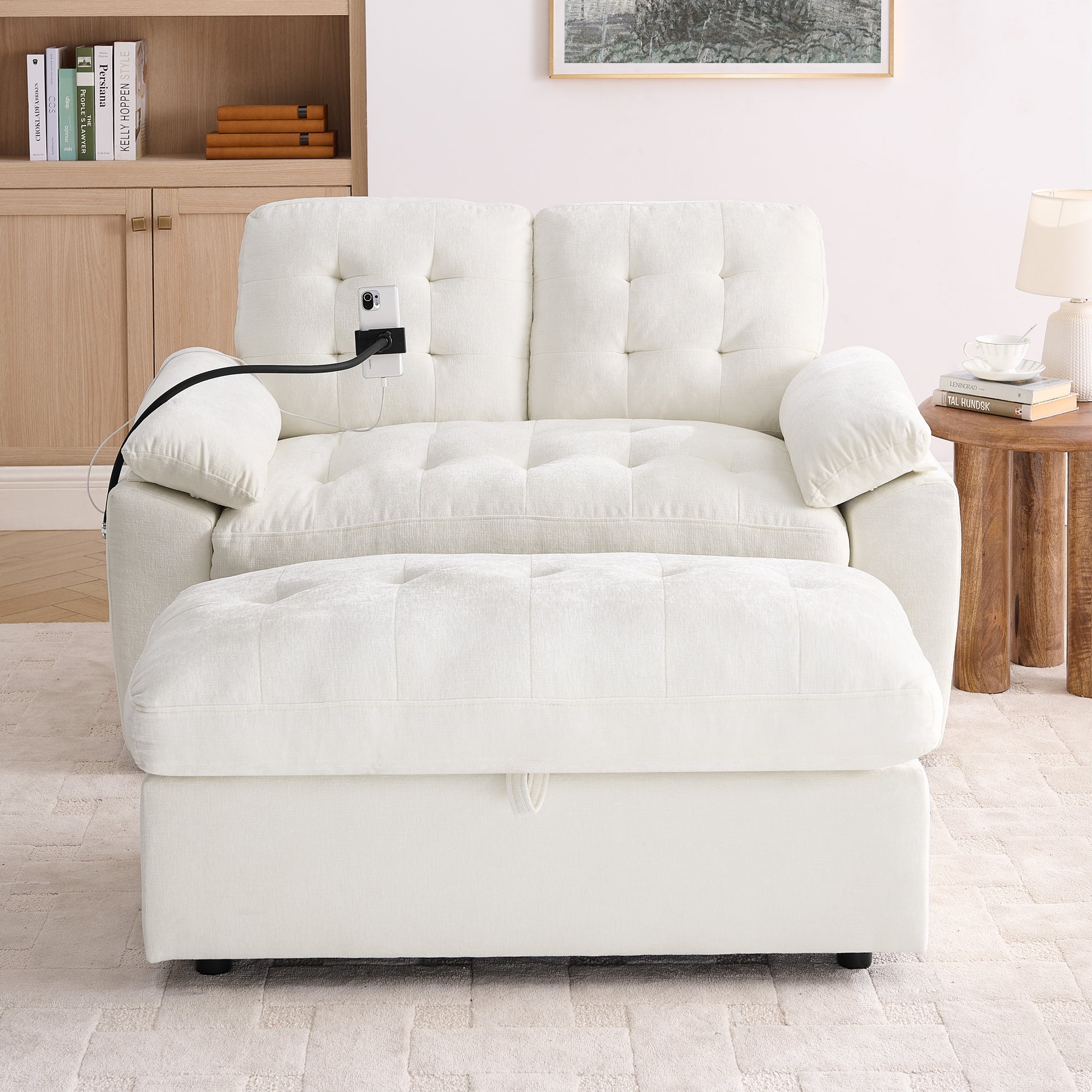 Leisure sofa chair,Double sofa recliner, with manually adjustable backrest, soft padded armrests, side USB charging port and phone stand, comes with a matching storage ottoman-Beige image 5