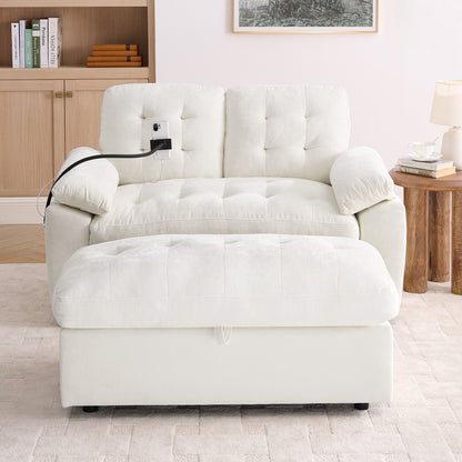 Leisure sofa chair,Double sofa recliner, with manually adjustable backrest, soft padded armrests, side USB charging port and phone stand, comes with a matching storage ottoman-Beige image 5