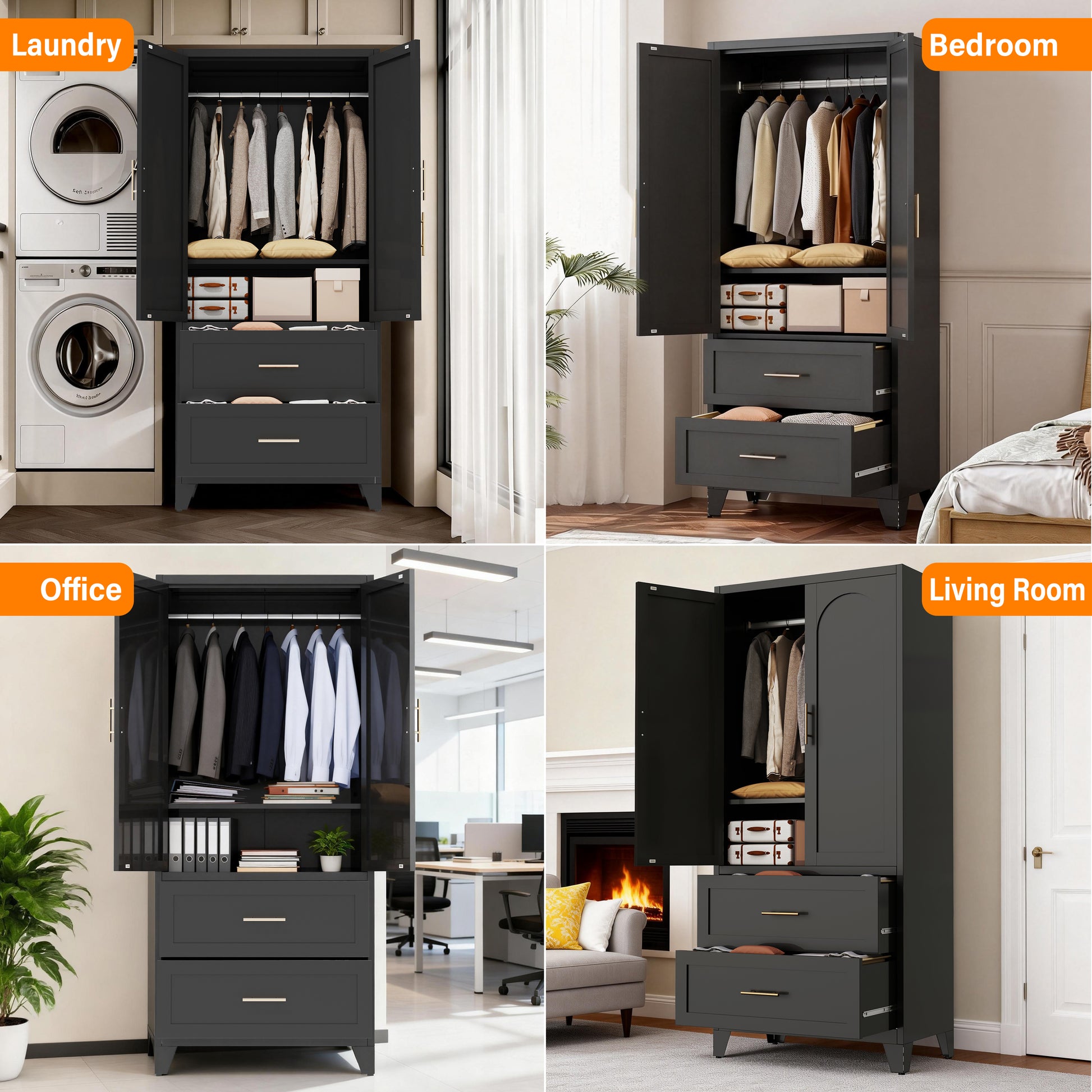 71" Tall Metal Wardrobe Cabinet with 2 Drawers and Hanging Rod, 2 Doors Wardrobe Closet with Shelf for Bedroom, Office, Laundry Room,Entryway,Foyer,Guesthouse (Black) image 2