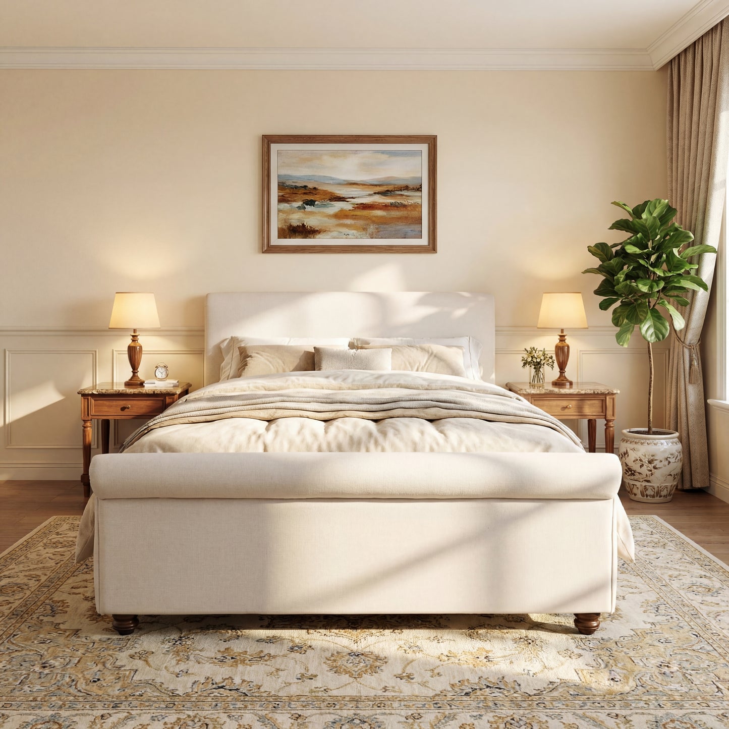 Queen Size Upholstered Bed Frame With Linen Fabric, Thick Headboard And Solid Wood Legs, Beige image 2