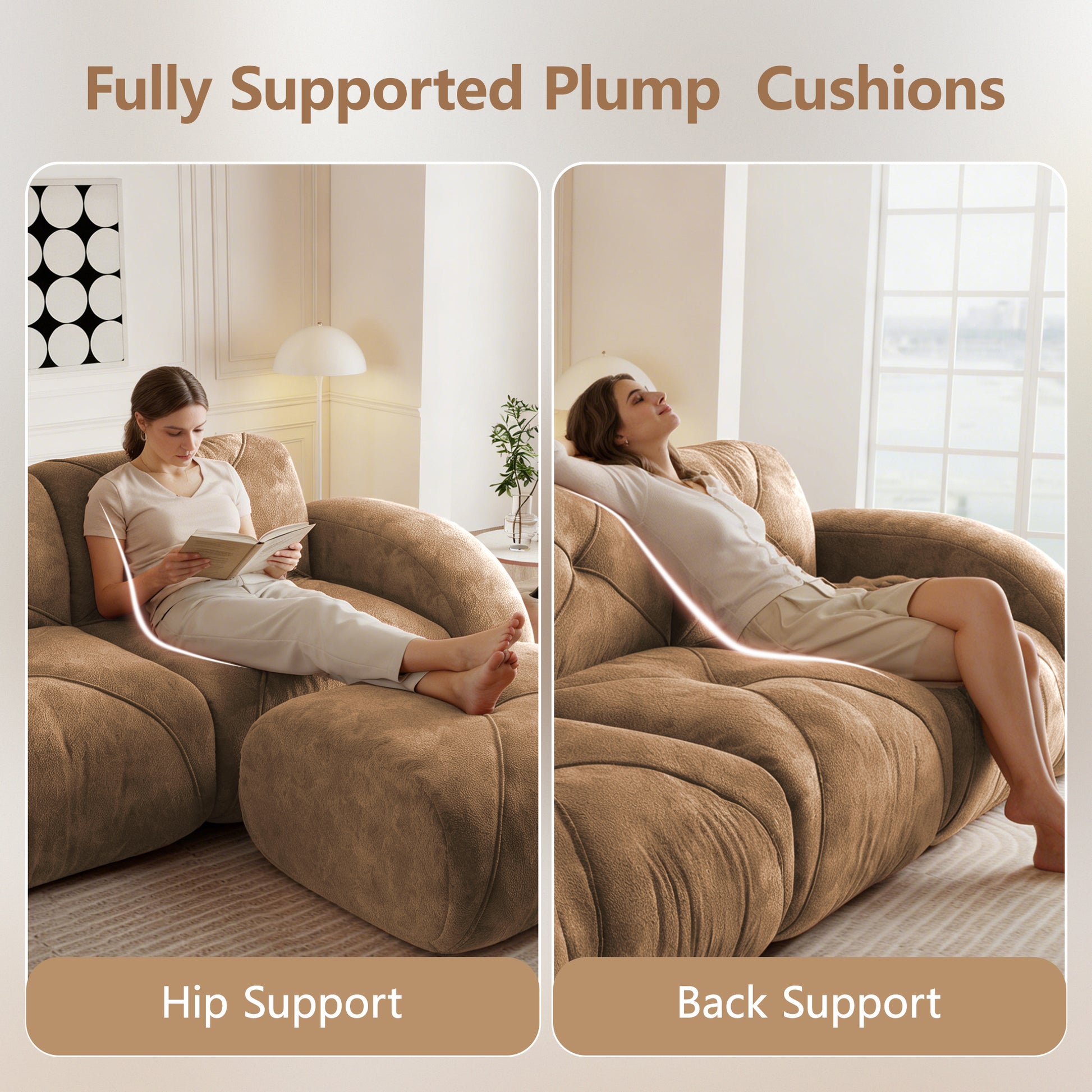 L-Shaped Boneless Sofa,Soft Velvet Fabric,Tufted Design,32D High Density Sponge,No Assembly Required,Ergonomic Design Bottom, Anti-Slip Design,Movable Ottoman for Bedrooms,Camel image 6