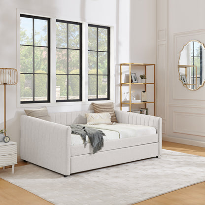 Full Size Daybed with Trundle Upholstered Sofa Bed, with Vertical Stripes, Linen Fabric, Beige (82.5"x58"x30") image 8
