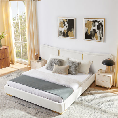 Queen Size Extra Large Platform Bed, Soft Chenille Fabric Frame, Curved Headboard, Reinforced Electroplated Metal Legs, Flexible DIY Side Space Design-Beige image 2