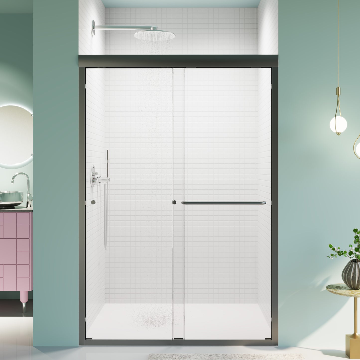44"-48"W*72" H Semi-Frameless Double Sliding Shower Door, Bypass Shower Door, 1/4" (6mm) Thick SGCC Tempered Glass Door, Matte Black image 1