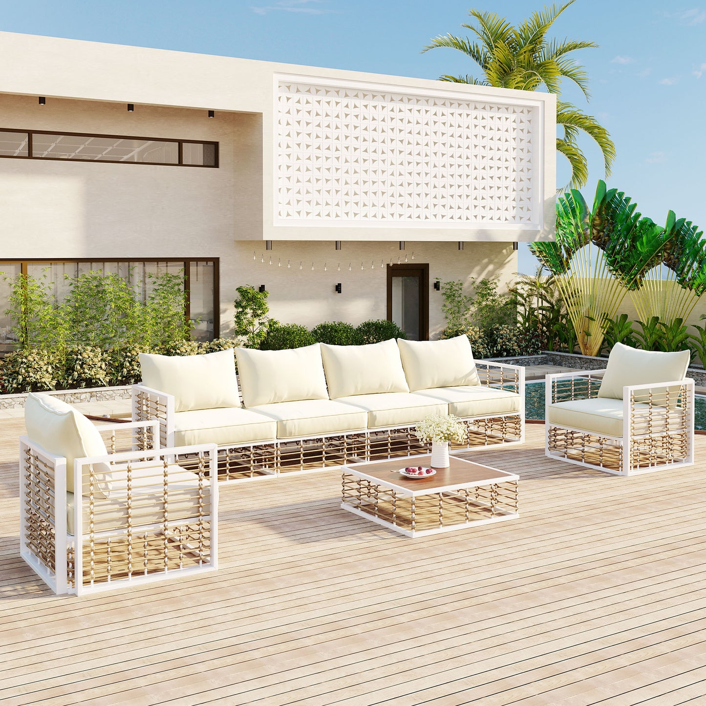 TOPMAX Modern Minimalist 7-Piece Metal Patio Sectional Sofa Set, All-Weather Garden Conversational Furniture Set with Thick Cushions and Coffee Table for Indoor Outdoor, White image 10