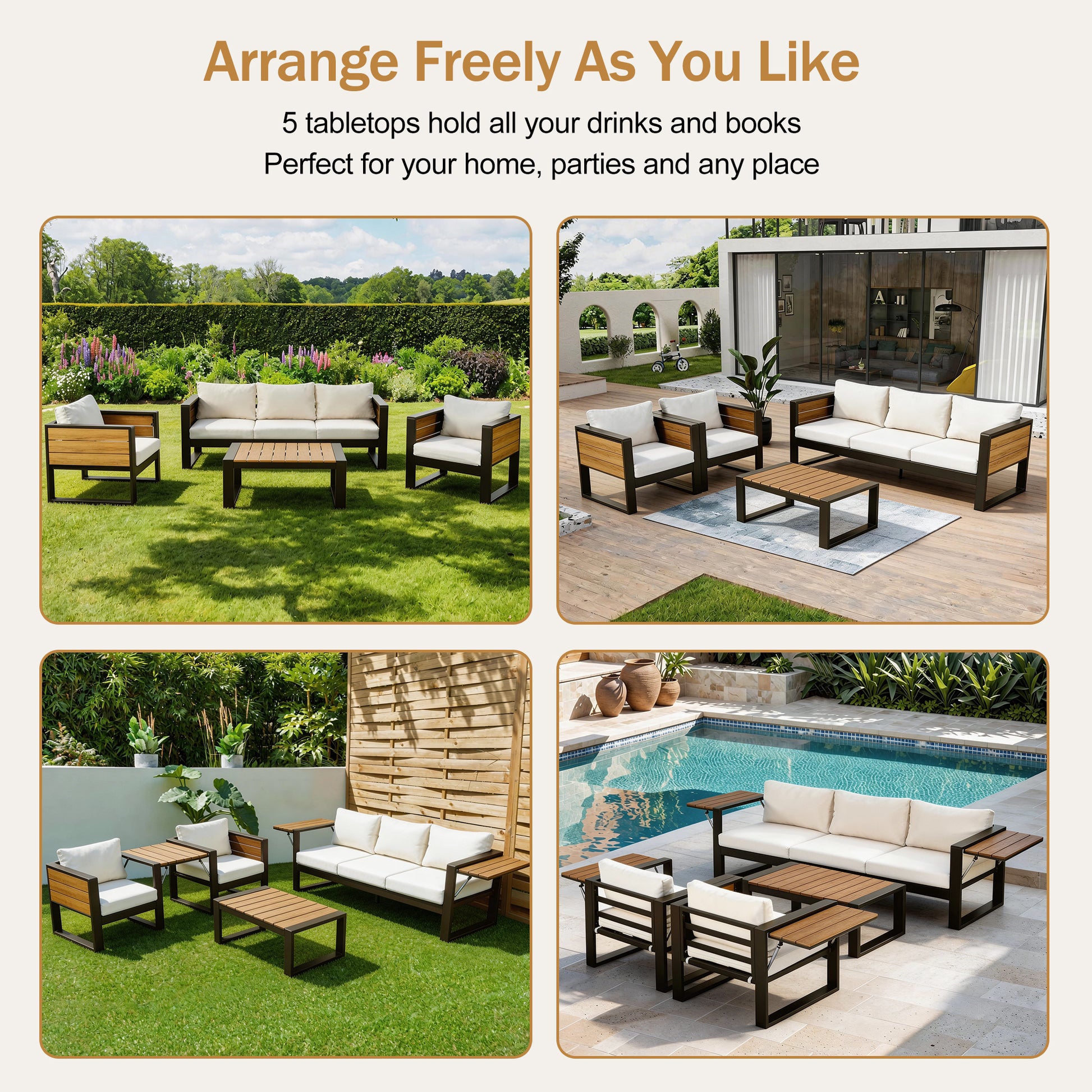 Aluminum Frame Large 4-Piece Outdoor Patio Furniture Set for 5 Person, 3-Seater Sofa, 2 Armchairs with Fold-Out Side Tables, Modern Garden/Patio Seating, All-Weather Use, Beige Cushions image 8