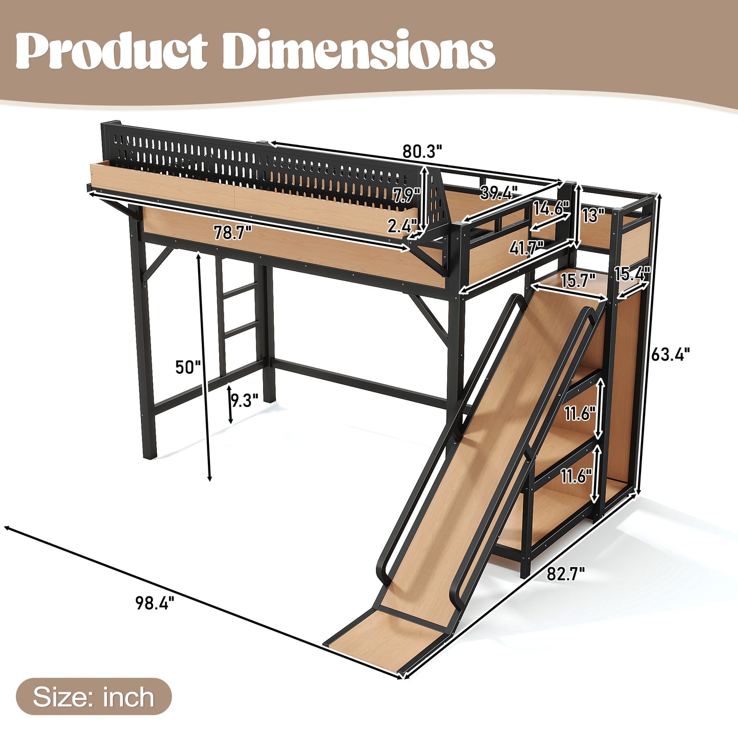 Twin XL Size Loft Bed with Slide, Storage Shelves and Built-in Wardrobe, Metal Loft Bed Frame with USB Ports and LED Lights, with Pegboard, Safety and Solid, Natural image 9