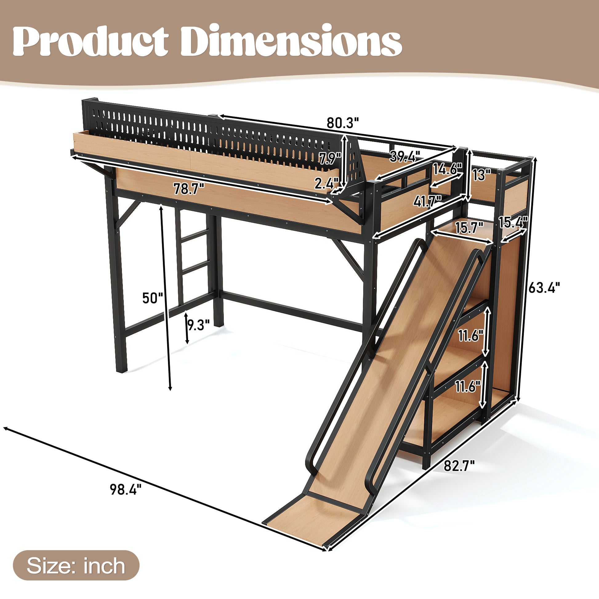 Twin XL Size Loft Bed with Slide, Storage Shelves and Built-in Wardrobe, Metal Loft Bed Frame with USB Ports and LED Lights, with Pegboard, Safety and Solid, Natural image 9