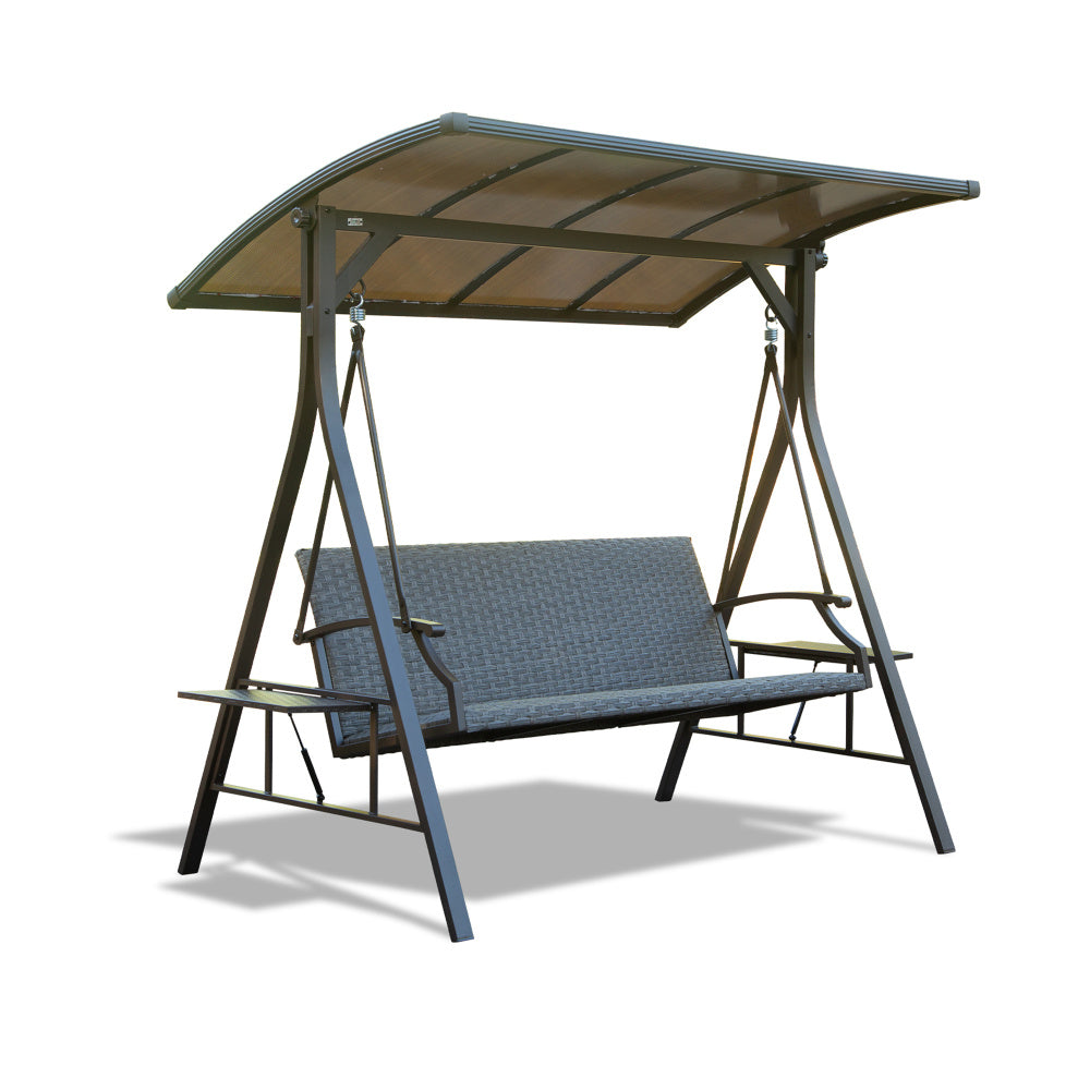 3-Seat Outdoor Porch Swing w/Adjustable Polycarbonate Hardtop and Side Table, Wicker Patio Swing Chair Bench with Steel Frame and Quick-Drying Foam Seat, Perfect for Backyard Garden and Lawn