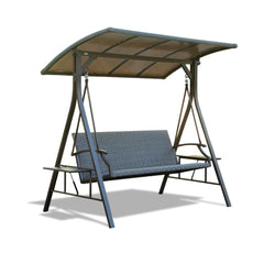 3-Seat Outdoor Porch Swing w/Adjustable Polycarbonate Hardtop and Side Table, Wicker Patio Swing Chair Bench with Steel Frame and Quick-Drying Foam Seat, Perfect for Backyard Garden and Lawn
