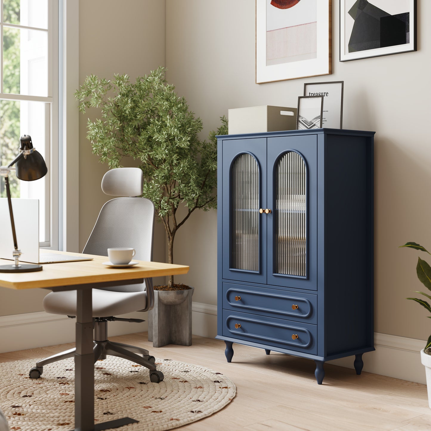 46.5'' Glass Display Cabinet with Ribbed Glass Doors,Wooden Curio Cabinet with 2 Drawers & Adjustable Shelf, Freestanding Buffet Cabinet Unit for Living Room Dining Room, Navy Blue image 4