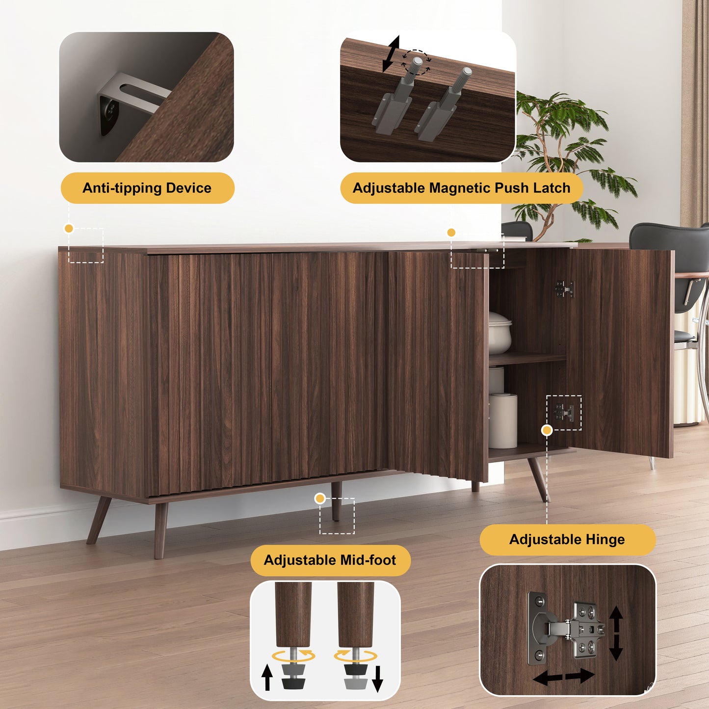 Sideboard Buffet Cabinet with Storage, Long Sideboard Storage Cabinet with 4 Doors, Wood Credenza Console Coffee Bar Cabinets with Adjustable Shelves for Living Room Kitchen Dining Room Walnut image 4