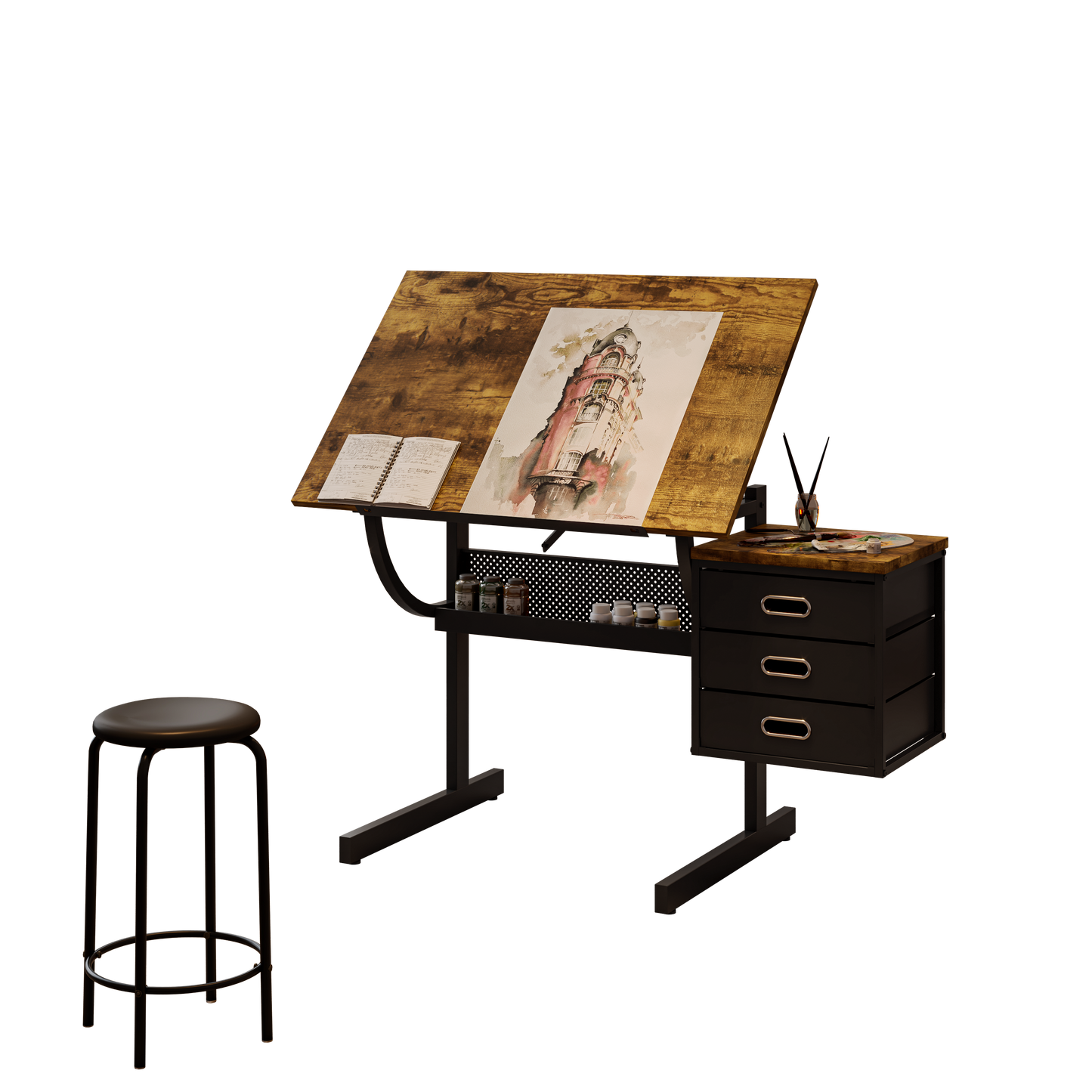 Black drafting drawing table with stool and 3 drawers image 2
