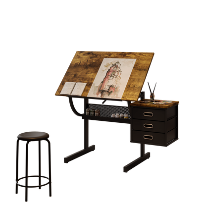 Black drafting drawing table with stool and 3 drawers image 2